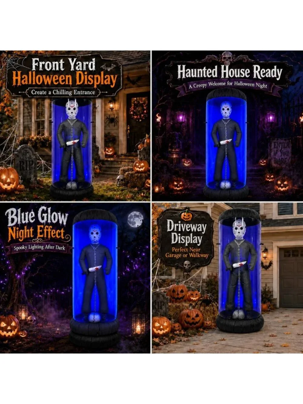 7.6FT Halloween Inflatable Yard Decor - Caged Killer with Blue LED Lights